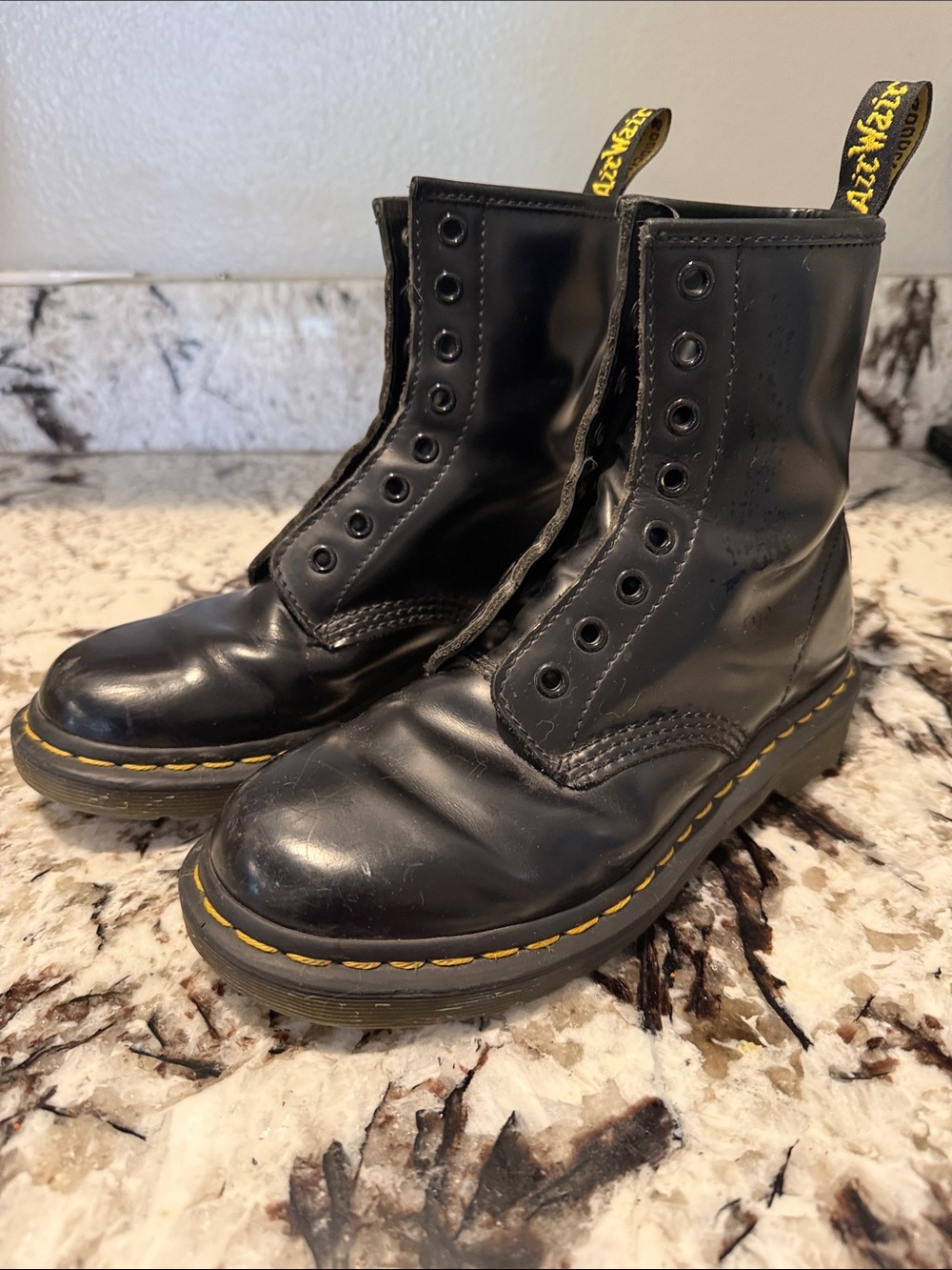 Dr. Martens Black Leather Boots with Yellow Stitching